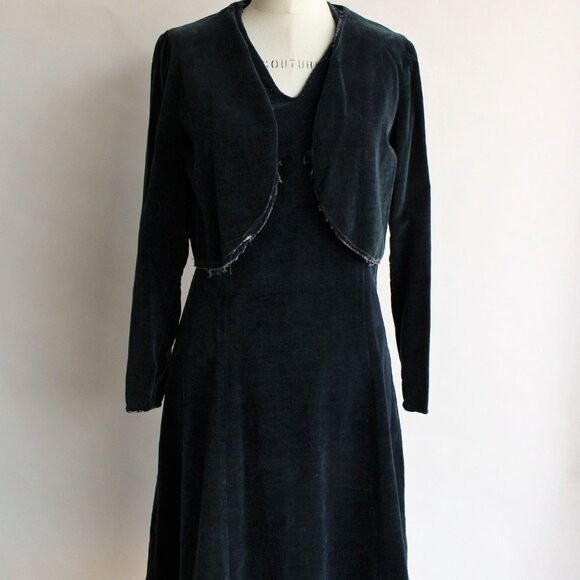 Vintage 1920s Dress with Jacket/ Navy Blue Cotton Velvet Day Dress and Bolero - Picture 9 of 10